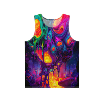 Front view of the Nebulon men's tank top showing the all-over cosmic print design.