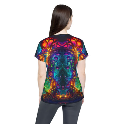 Close-up of the print detail of the Fungus Amongus design on the women's sport tee.