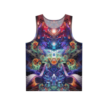 Close-up detail of the 'Magnus Opum' psychedelic print on this men's tank top.