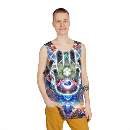 Angled view of the 'Divine Protection' men's tank top highlighting the print colors.