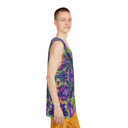 Corner detail of the psychedelic print on the 'Emergence Pattern' men's tank top.