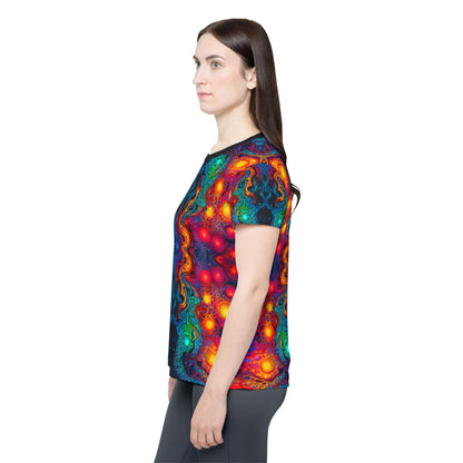 Corner detail of the Molten Flow women's sport tee showing the print and seam.