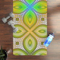 Photo of the Activation Initiated yoga mat, showing the edge to edge psychedelic print.