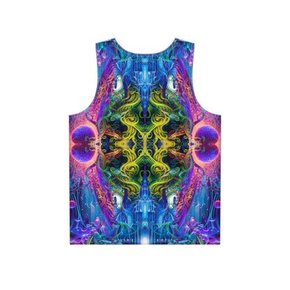 Angled view of a men's tank top featuring the 'The Sacred Vine Flip 2' print.