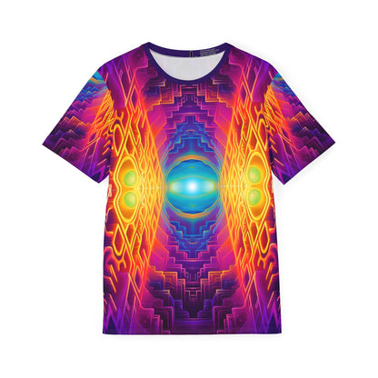 Flat lay of the Maze of Life V3 men's sport tee showing the all-over psychedelic print.