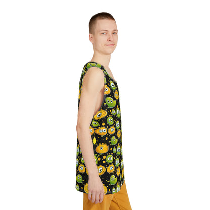 Corner detail of the psychedelic print on the 'Don't Feed After Midnight' men's tank top.