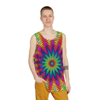 Close-up of the 'Tie Dye Burst' print detail on the men's tank top fabric.