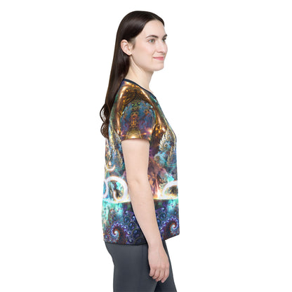 Angled view of the Density 432 sport tee highlighting the print pattern.