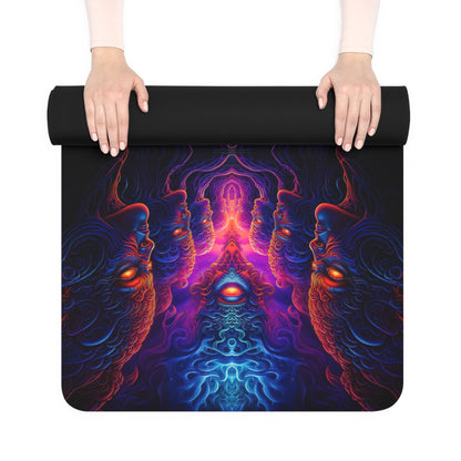 Corner view of the 'The Watchers' yoga mat, showing the natural rubber non-slip base.