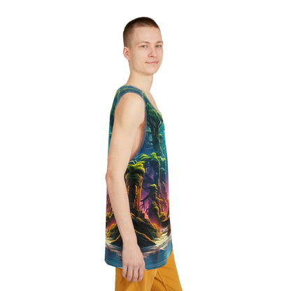 Corner detail shot of the Remnant print along the men's tank top hem.