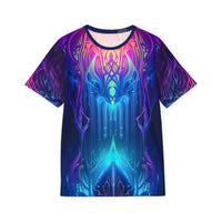 Flat lay of the Midnight Spell men's sport tee showing the all-over psychedelic print.