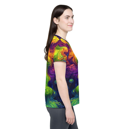 Close-up of the fabric texture on the "I Love Lava Lamp" print women's sport tee.