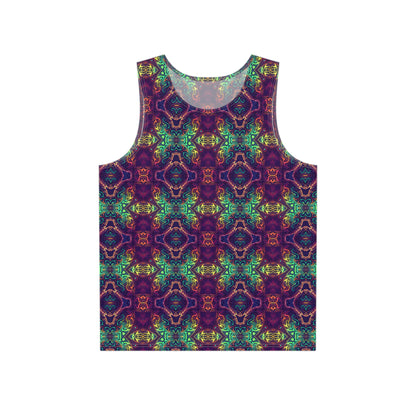 Close-up detail of the 'McTrippy' psychedelic print on this men's tank top.
