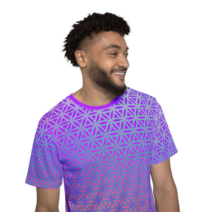 Men's sport tee in the Flower de Life V2 sacred geometry all-over print design, close-up of the fabric.