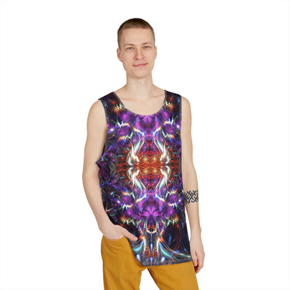 Angled view of the 'Dragon Heart' men's tank top highlighting the print colors.