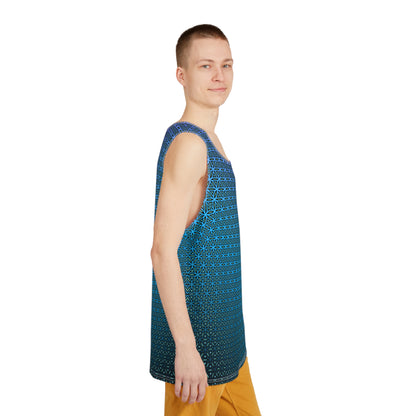 Side view of the 'Blue Flower of Life Pattern' men's tank top laid flat, showing the seam and armhole trim.