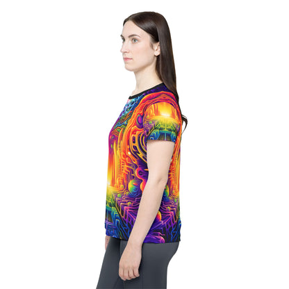 Women's sport tee in the DMTron psychedelic all-over print design, shown from above.