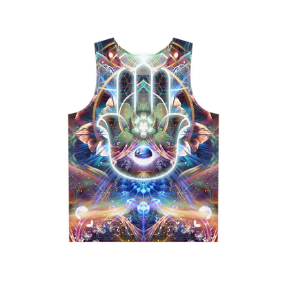Flat lay of the 'Divine Protection' men's tank top showing the full psychedelic print.