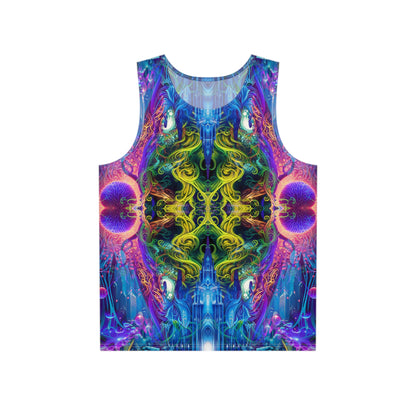 Flat lay of a men's tank top printed with the 'The Sacred Vine Flip 2' design.