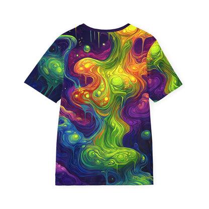 Close-up of the "I Love Lava Lamp" print on the men's sport tee fabric.
