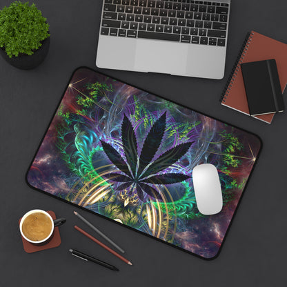 Close-up of the cannabis leaf artwork on the "Heightened Stroll" desk mat.