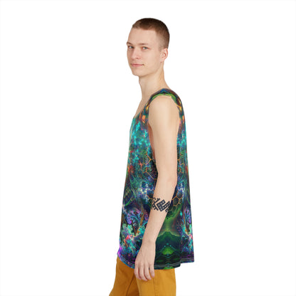 Styled shot of a men's tank top printed with the To Tree or Not to Tree design.