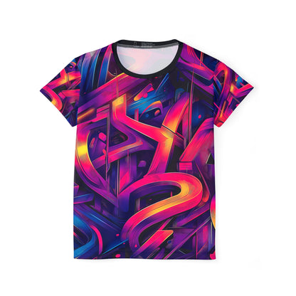 'Gra3D' all-over-print sport tee for women, front view laid flat.