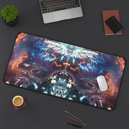 Soul Seeker desk mat laid on a desk with a keyboard and mouse for scale