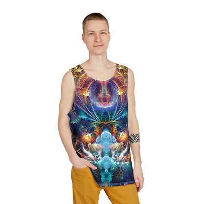 Angled view of the Source of Creativity men's tank top design.