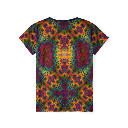 Angled view of the Lysergic Burst women's sport tee highlighting the print pattern.