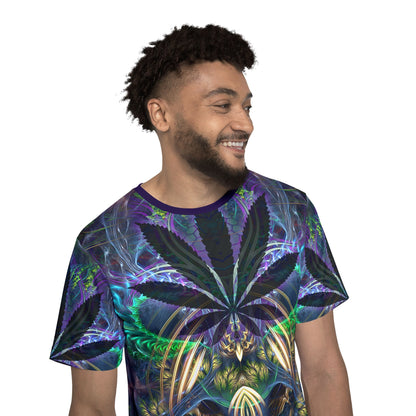 Detail of the hem and seam on the "Heightened Stroll" print men's sport tee.