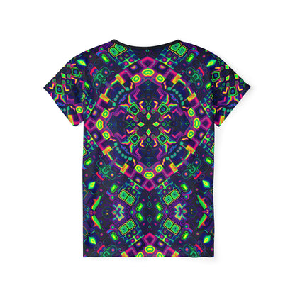 Back view of the Dimensional Shift sport tee, showing the full print pattern.