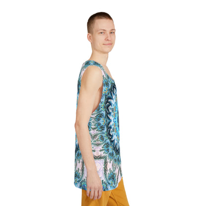 Corner detail shot of the Return to Purity print along the men's tank top hem.
