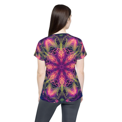 'Gatekeepers Mandala' sport tee for women, close-up of the print detail on the fabric.