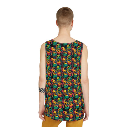 Corner detail of the Smiley Green Yellow Pattern men's tank top print.