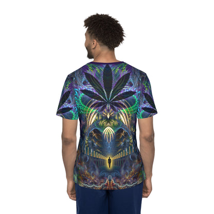 Overhead view of the "Heightened Stroll" print men's sport tee laid flat.