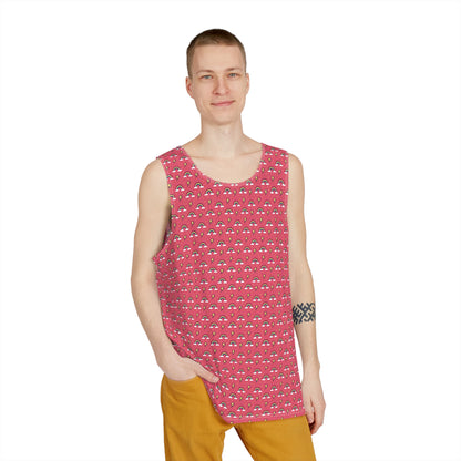 Angled view of the Rainbows and Lightning Pink men's tank top highlighting the print.