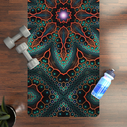 The 'Multiverse' yoga mat laid flat on the floor next to dumbbells and a water bottle.