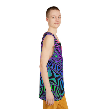 Styled shot of a men's tank top printed with The Illusionist design.