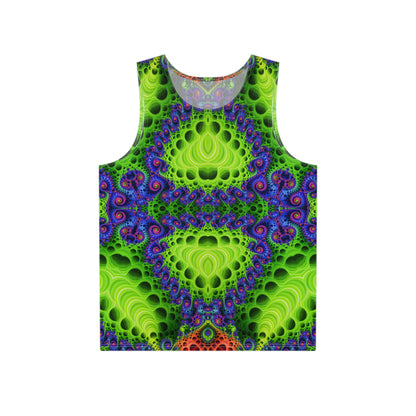 The Starburst Split men's tank top laid flat, showing the full psychedelic print design.