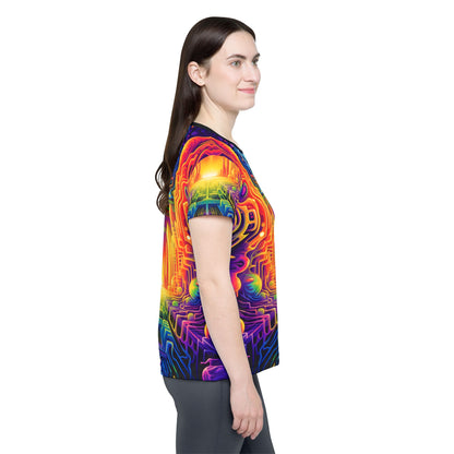 Women's sport tee in the DMTron psychedelic all-over print design, detail of the all-over print.