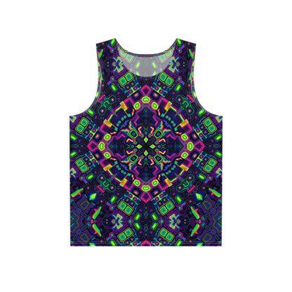 Flat lay of the 'Dimensional Shift' men's tank top showing the full psychedelic print.