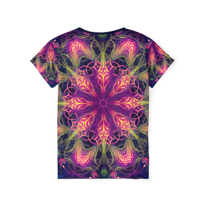 'Gatekeepers Mandala' sport tee for women, back view showing the print continuing across the back.