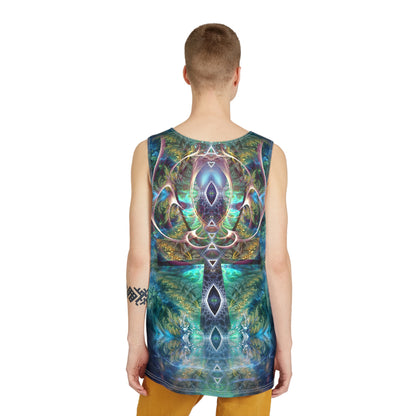 Overhead view of the Fluer de Vie men's tank top laid flat.