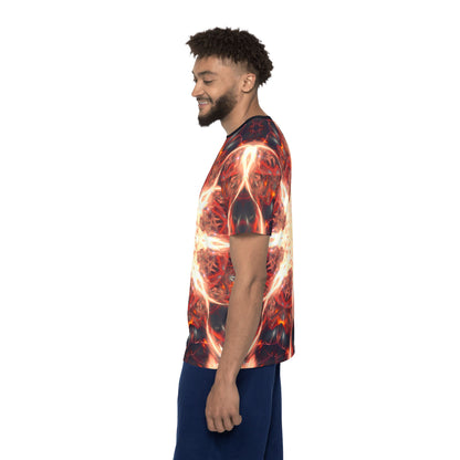 Side angle of the Muladhara sport tee showing the sleeve print.