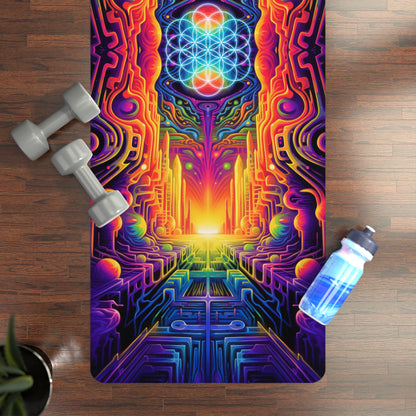DMTron yoga mat rolled up, showing the edge-to-edge circuit and portal print.