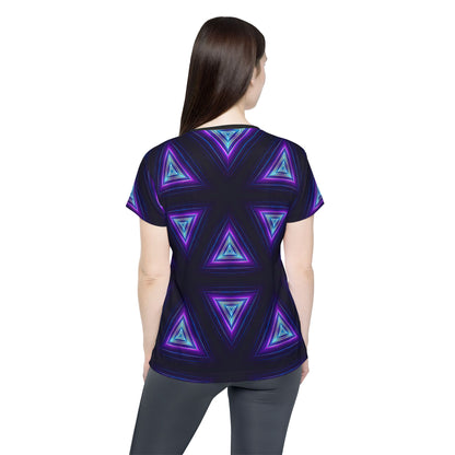 Close-up of the Dark Prism print detail on the sport tee fabric.