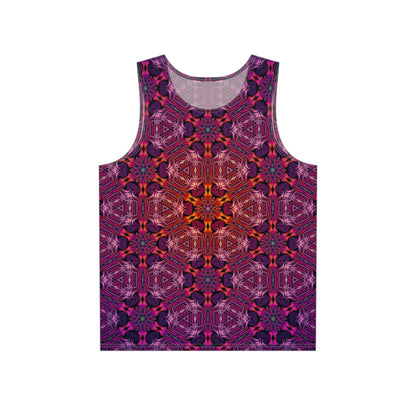 Flat lay of the Forged In Neon men's tank top showing the full print.