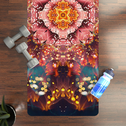 A rubber yoga mat printed edge to edge with the Reaching For Light floral kaleidoscope.
