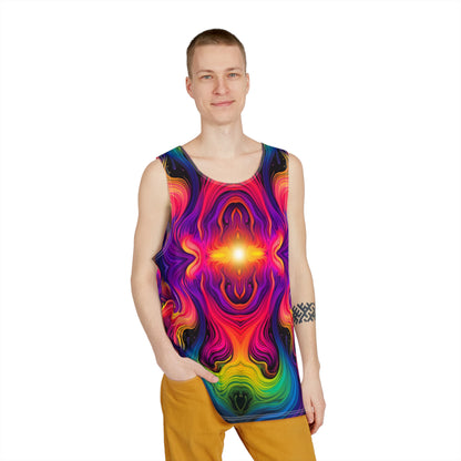 Angled view of the Cosmic Currents men's tank top showing the flow pattern wrap.